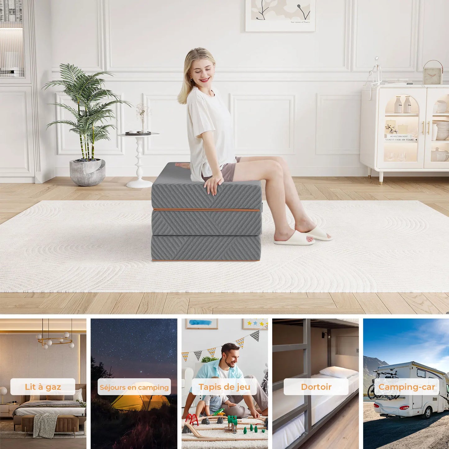 Matelas pliable en 3 parties en mousse à mémoire de forme