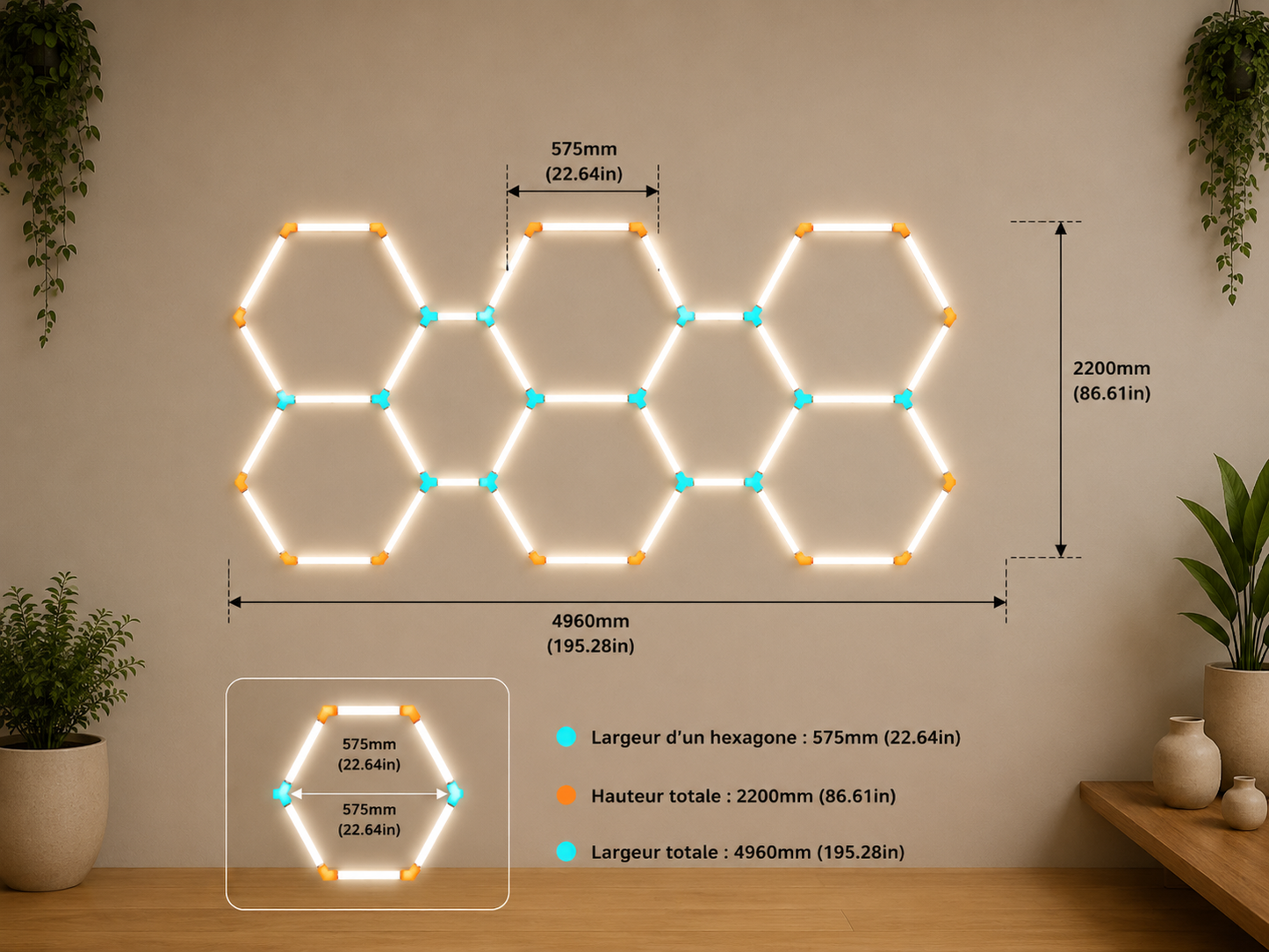 Lampes LED hexagonales en nid d'abeille 6500K