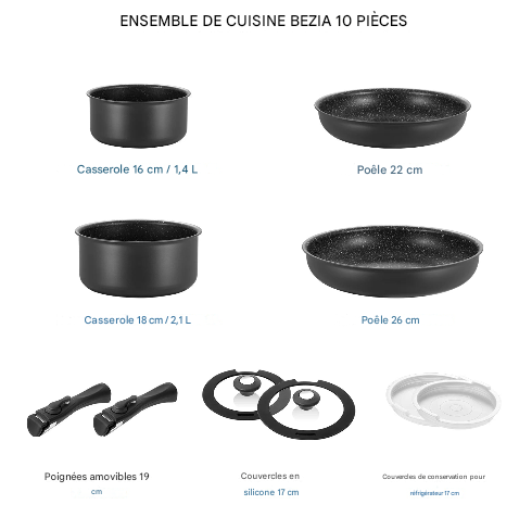 Casseroles et poêles antiadhésives avec poignées amovibles 10 pièces
