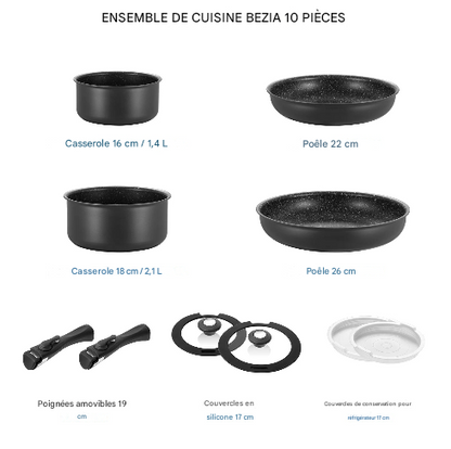 Casseroles et poêles antiadhésives avec poignées amovibles 10 pièces