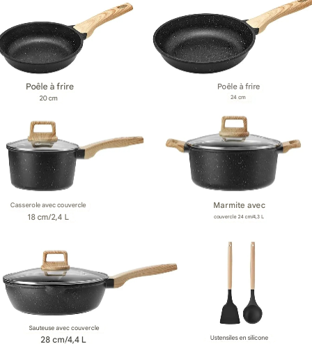 Ensemble casseroles et poêles noir antiadhésives 10 pièces