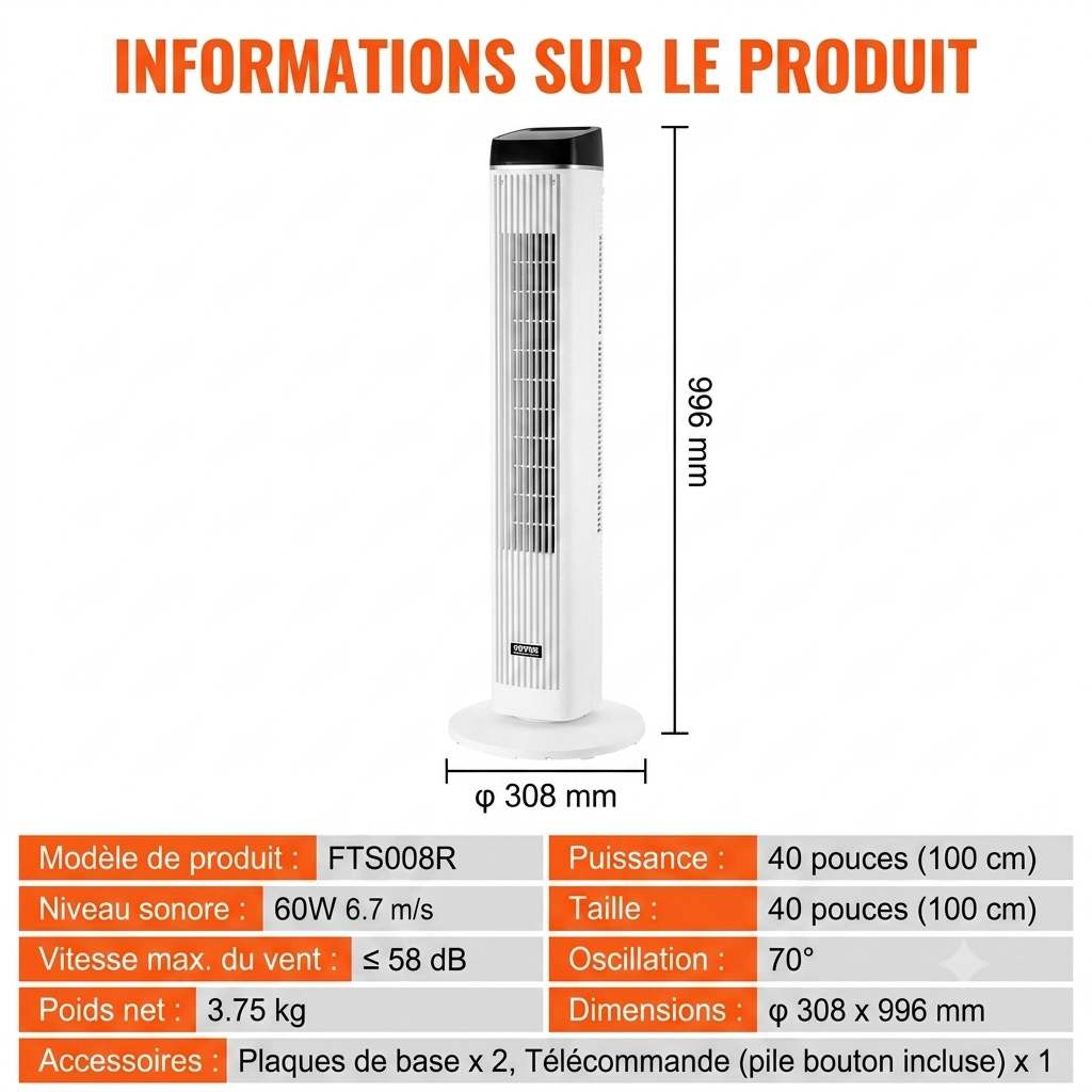 VEVOR Ventilateur Colonne 996 mm