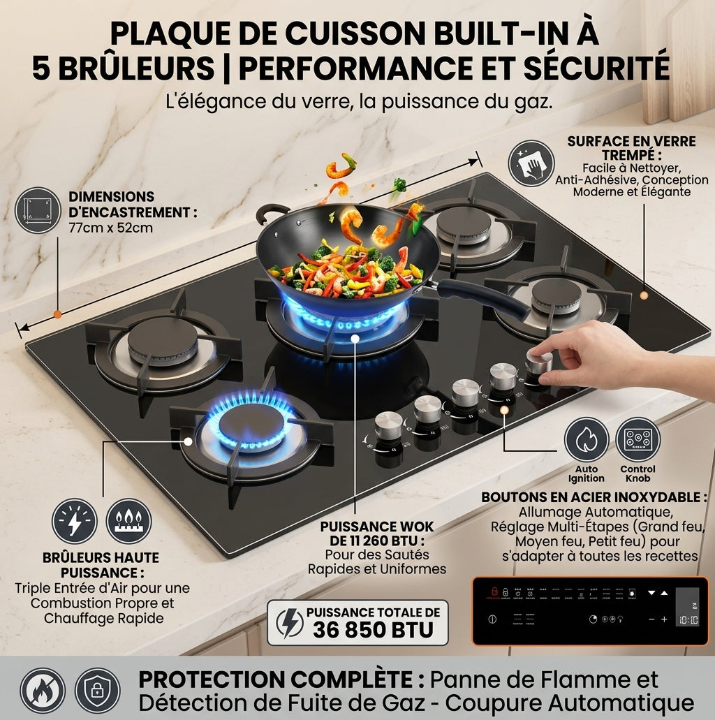 Plaque de Cuisson Gaz Encastrable 5 Feux