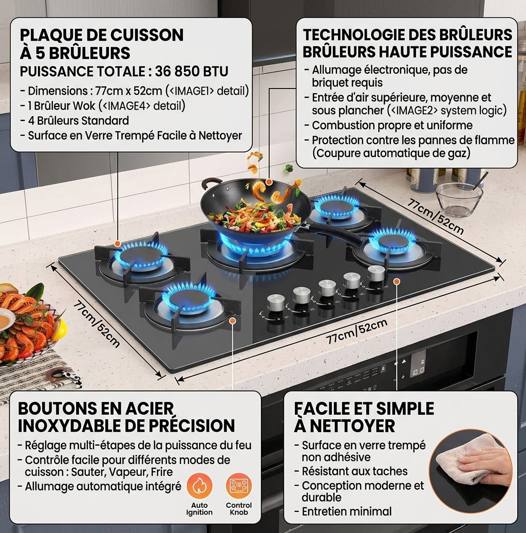 Plaque de Cuisson Gaz Encastrable 5 Feux