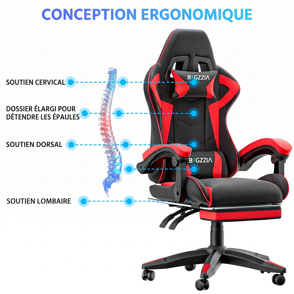 Chaise de jeu ergonomique avec repose-pieds