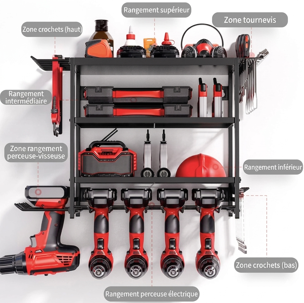 Étagère de rangement pour outils électriques à 4 niveaux