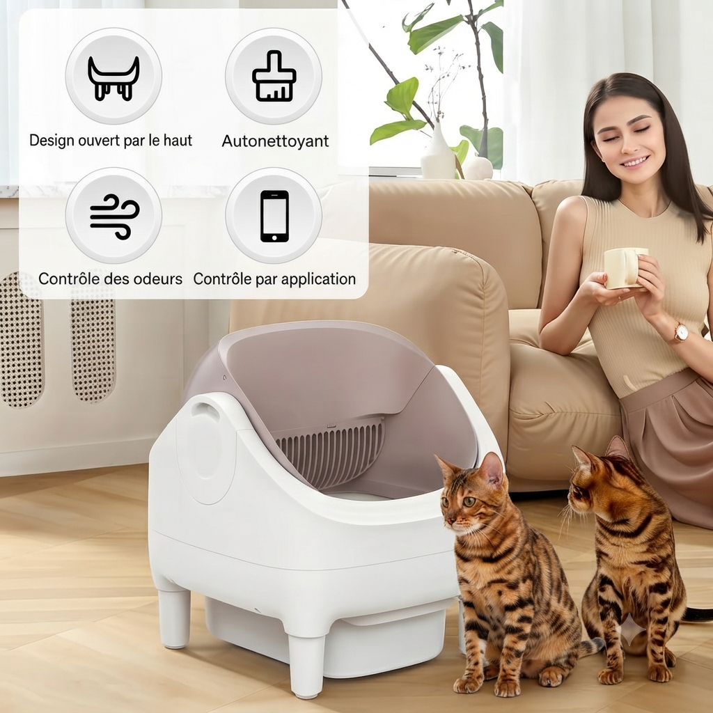 Bac à litière pour chat autonettoyant 76L