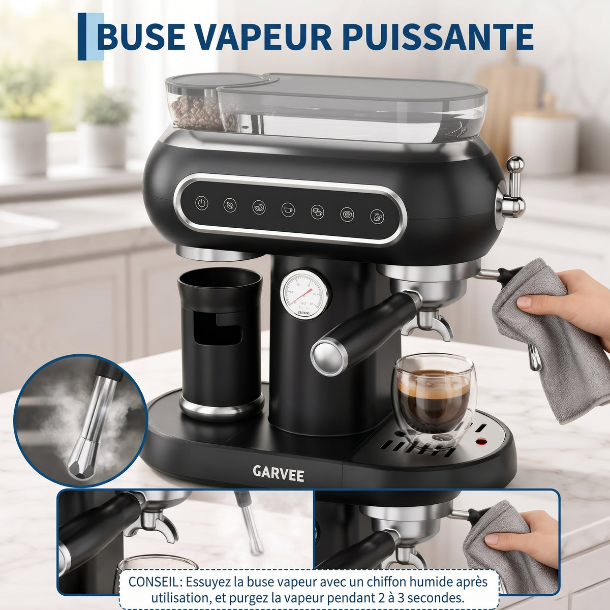 Machine à café automatique avec système de lait, machine à café 20 bars avec moulin conique, 25 niveaux de mouture, 2 tasses, panneau tactile, machine à expresso compacte, nettoyage facile