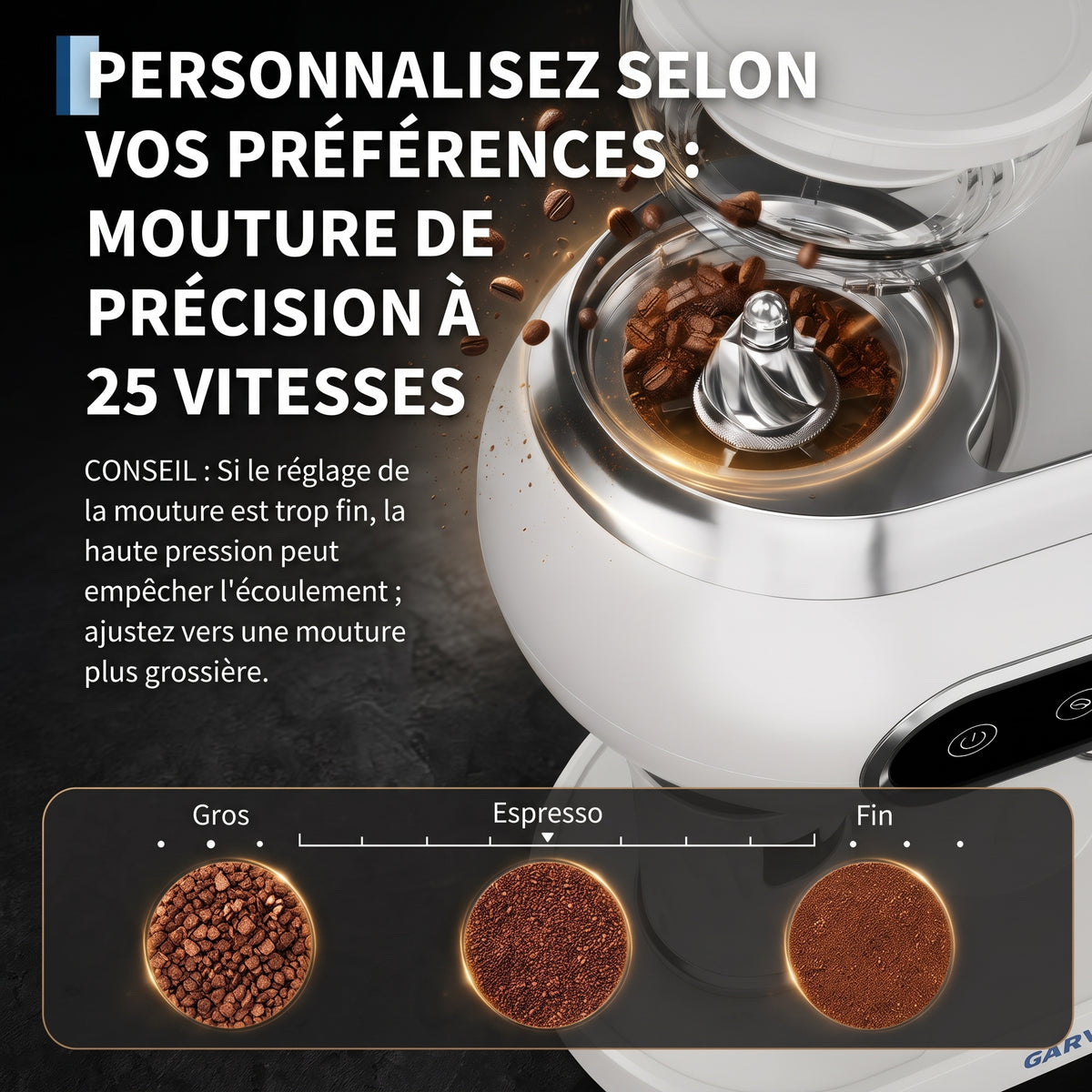 Machine à café automatique avec système de lait, machine à café 20 bars avec moulin conique, 25 niveaux de mouture, 2 tasses, panneau tactile, machine à expresso compacte, nettoyage facile