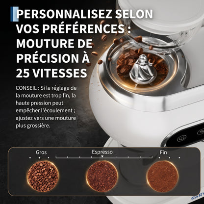Machine à café automatique avec système de lait, machine à café 20 bars avec moulin conique, 25 niveaux de mouture, 2 tasses, panneau tactile, machine à expresso compacte, nettoyage facile