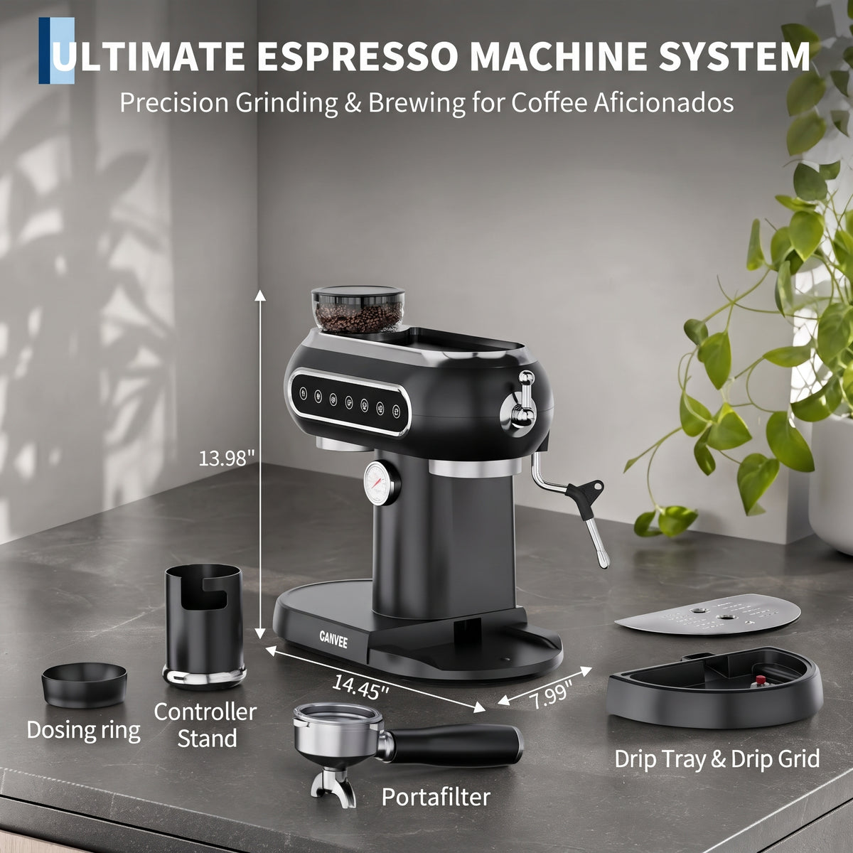 Machine à café automatique avec système de lait, machine à café 20 bars avec moulin conique, 25 niveaux de mouture, 2 tasses, panneau tactile, machine à expresso compacte, nettoyage facile