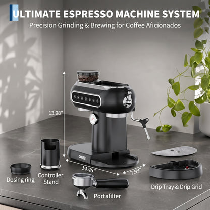 Machine à café automatique avec système de lait, machine à café 20 bars avec moulin conique, 25 niveaux de mouture, 2 tasses, panneau tactile, machine à expresso compacte, nettoyage facile