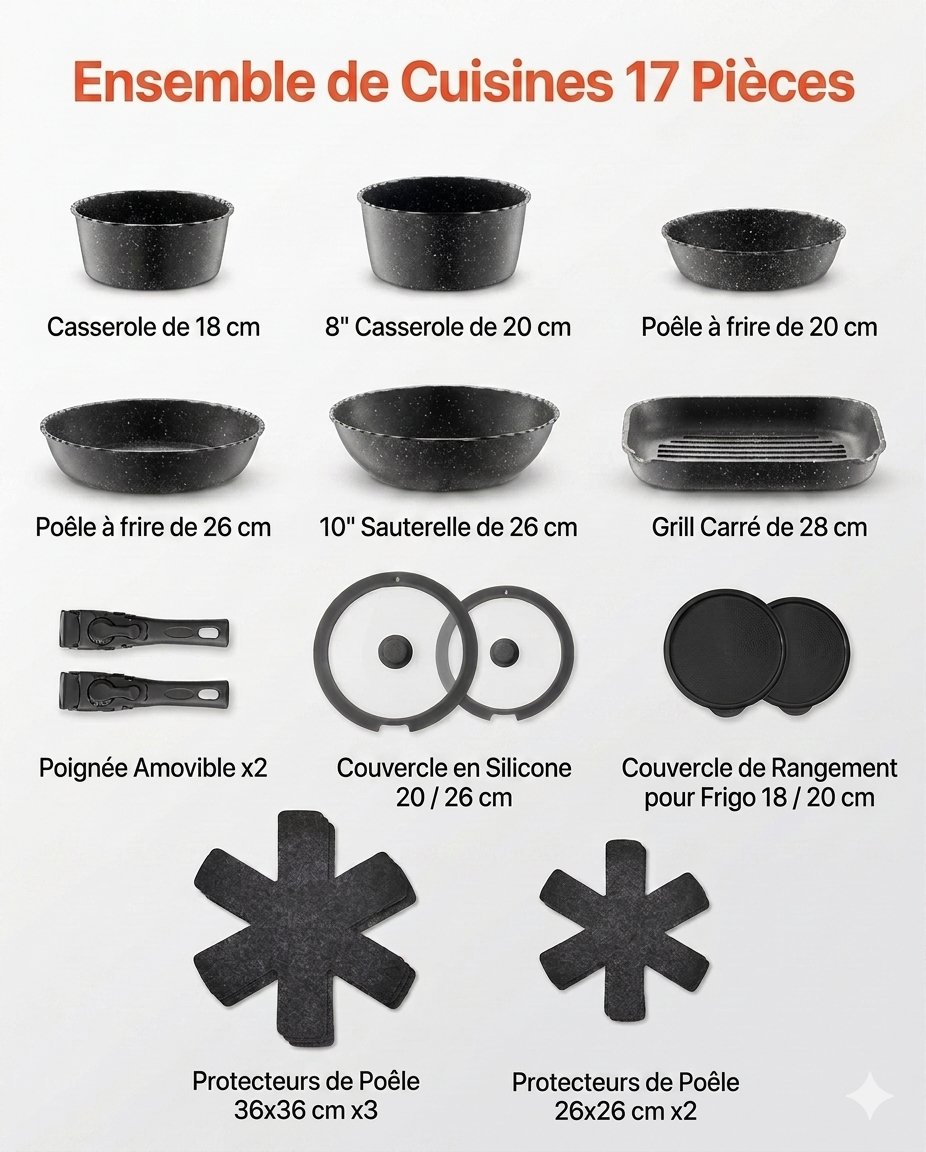 Ensemble de 17 pièces d'ustensiles de cuisine antiadhésives