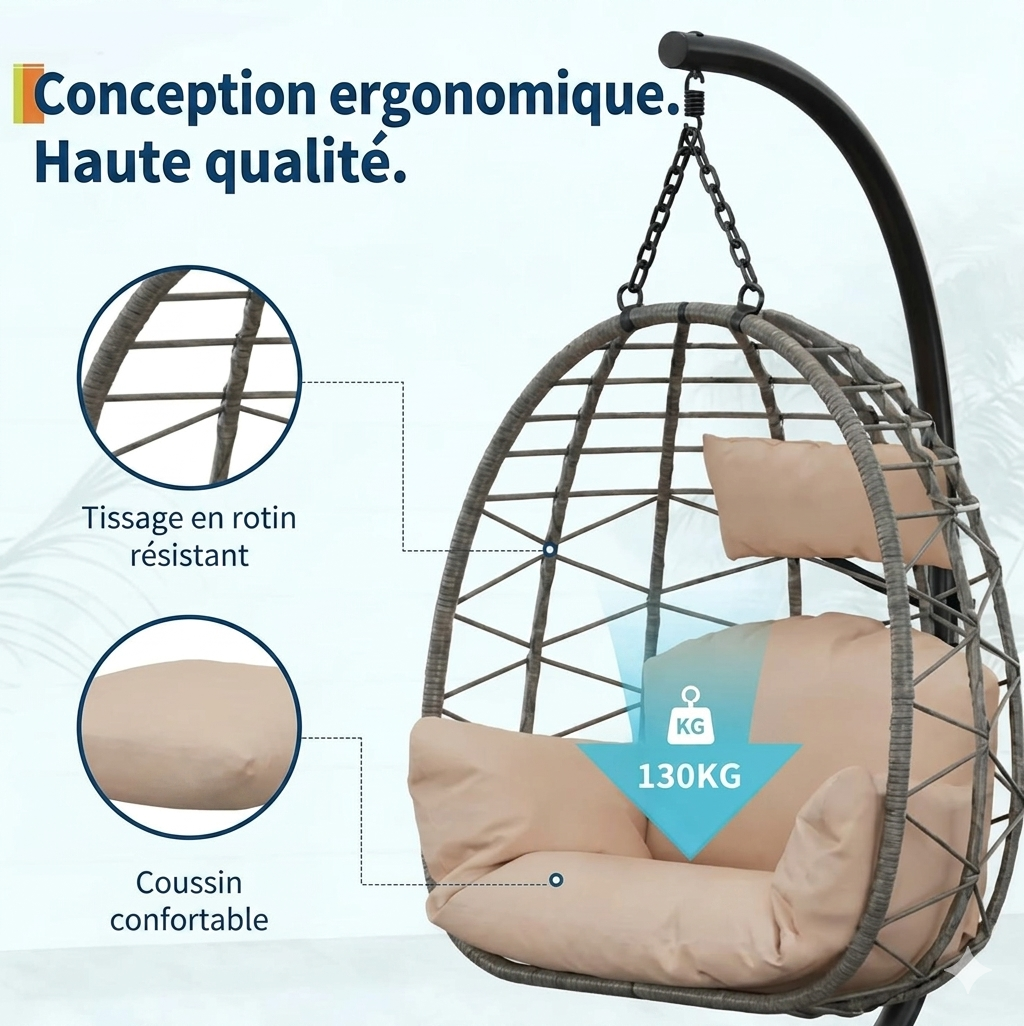 Chaise Suspendue Œuf + Structure 130 kg