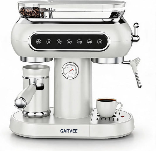 Machine à café automatique avec système de lait, machine à café 20 bars avec moulin conique, 25 niveaux de mouture, 2 tasses, panneau tactile, machine à expresso compacte, nettoyage facile