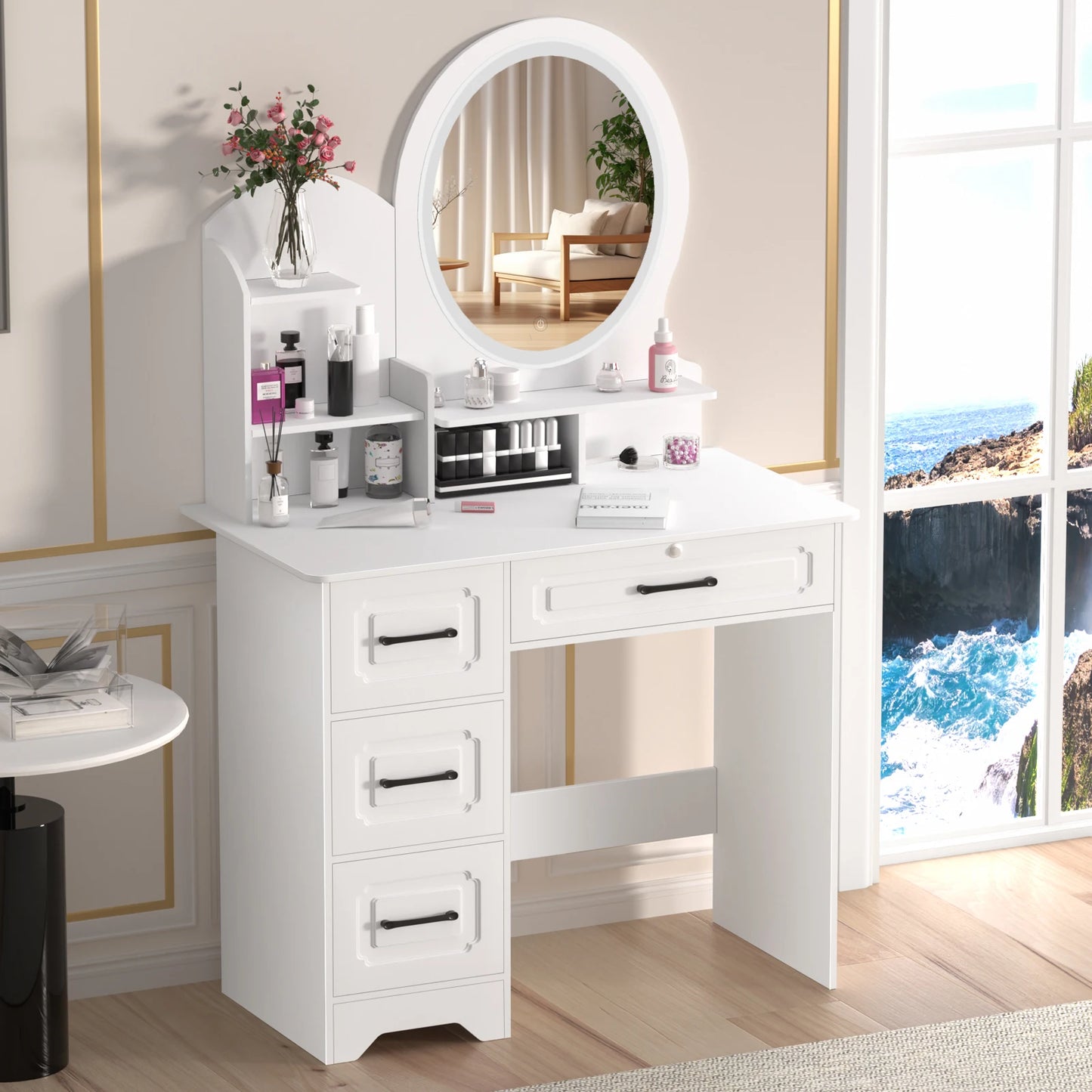 Table de maquillage moderne avec miroir cercle