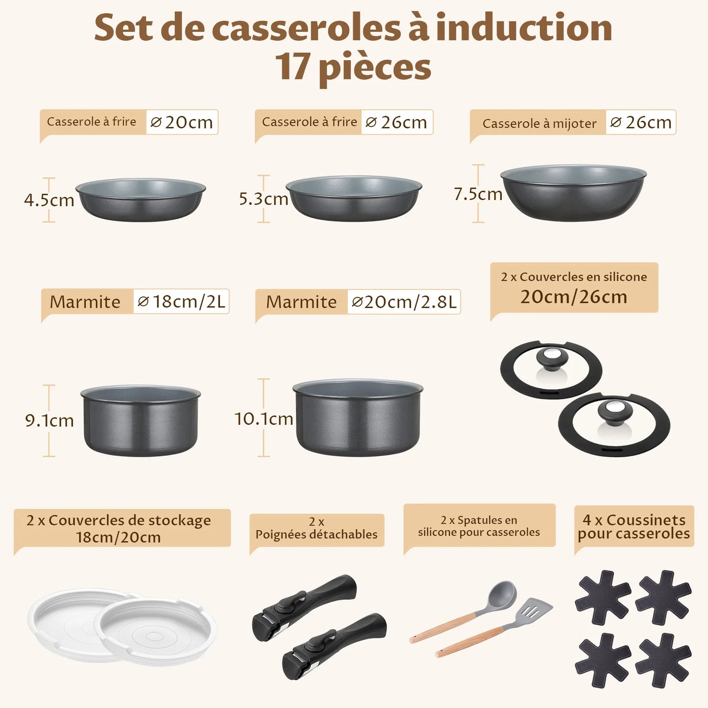 Ensemble de 7 pièces de casseroles et poêles en céramique