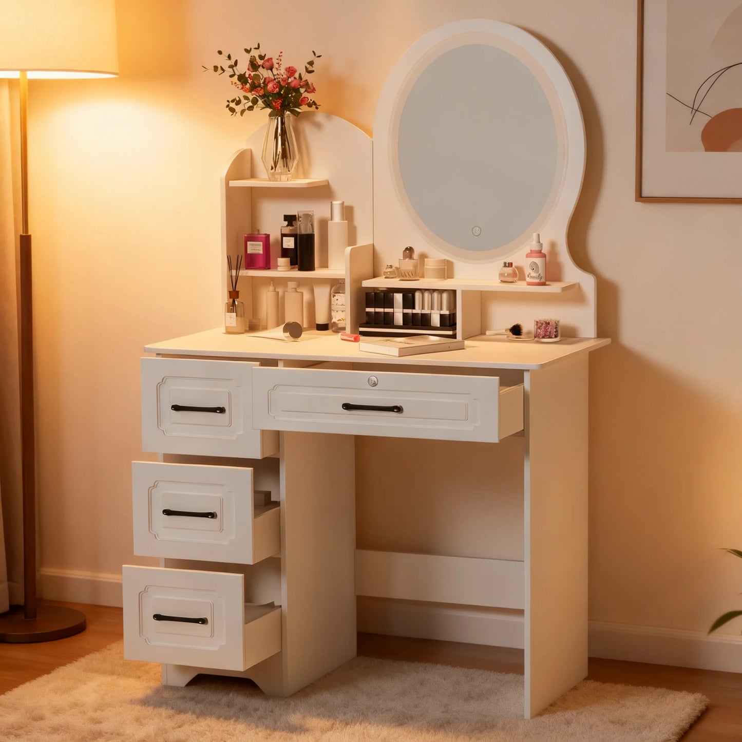 Table de maquillage moderne avec miroir cercle