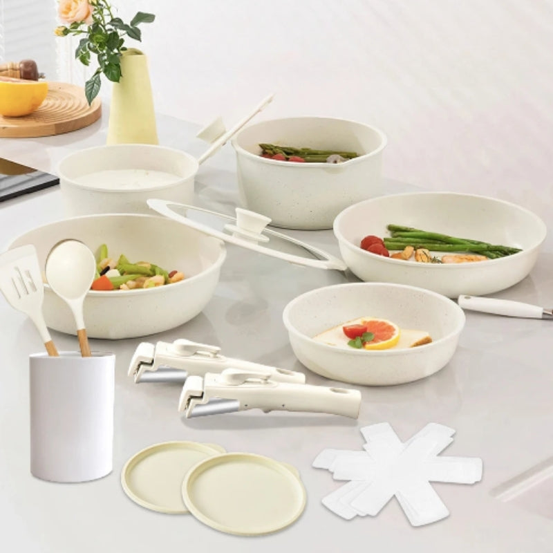 Ensemble 17 pièces beige – Casseroles et poêles antiadhésives avec poignées amovibles