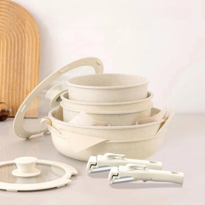 Ensemble 17 pièces beige – Casseroles et poêles antiadhésives avec poignées amovibles
